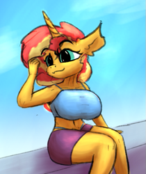 Size: 433x515 | Tagged: safe, artist:ismyaltaccount, sunset shimmer, anthro, g4, belly button, big breasts, big ears, breasts, busty sunset shimmer, cute, female, horn, sitting, sky background, smiling, solo