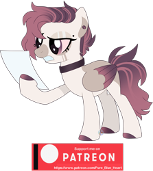 Size: 2093x2348 | Tagged: safe, artist:pure-blue-heart, oc, oc only, oc:molly, pegasus, beauty mark, choker, colored sclera, ear piercing, earring, female, gritted teeth, jewelry, mare, paper, patreon, patreon logo, patreon reward, pegasus oc, piercing, simple background, solo, teeth, transparent background