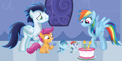 Size: 3812x1926 | Tagged: artist needed, safe, rainbow dash, scootaloo, soarin', oc, oc:ragtag, oc:shooting star, pegasus, pony, g4, baby, baby pony, birthday, cake, female, filly, foal, food, male, mare, offspring, parent:rainbow dash, parent:soarin', parents:soarindash, party horn, screencap background, ship:soarindash, shipping, siblings, stallion, straight, twins