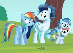 Size: 3466x2541 | Tagged: artist needed, safe, rainbow dash, soarin', oc, oc:ragtag, oc:shooting star, pegasus, pony, g4, female, filly, foal, male, mare, offspring, parent:rainbow dash, parent:soarin', parents:soarindash, screencap background, ship:soarindash, shipping, siblings, stallion, straight, twins