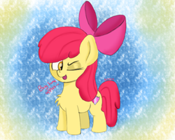 Size: 2500x2000 | Tagged: safe, artist:bazza, artist:kenzie, derpibooru exclusive, apple bloom, earth pony, pony, applebetes, bow, bronybait, cute, cutie mark, eyeshadow, female, filly, foal, hair bow, looking at you, makeup, obscure reference, one eye closed, open mouth, paint tool sai, signature, simple shading, solo, talking, talking to viewer, text, wink, winking at you