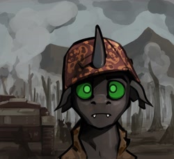 Size: 2250x2050 | Tagged: safe, artist:richmay, oc, changeling, equestria at war mod, changeling oc, clothes, green changeling, green eyes, helmet, high res, looking at you, military, military uniform, tank (vehicle), thousand yard stare, uniform, world war ii