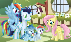 Size: 3812x2235 | Tagged: artist needed, safe, fluttershy, rainbow dash, soarin', oc, oc:ragtag, oc:shooting star, pegasus, pony, g4, female, filly, fluttershy's cottage, foal, male, mare, offspring, parent:rainbow dash, parent:soarin', parents:soarindash, screencap background, ship:soarindash, shipping, siblings, stallion, straight, twins