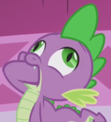 Size: 340x376 | Tagged: safe, screencap, spike, dragon, g4, the ticket master, carousel boutique, cropped, derp, faic, fangs, great moments in animation, green, green eyes, hand in mouth, purple, scales, slit pupils, solo, wingless spike