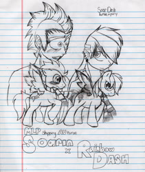 Size: 827x980 | Tagged: safe, artist:tomcolt15, rainbow dash, soarin', human, pegasus, pony, g4, female, humanized, lined paper, male, mare, ship:soarindash, shipping, sketch, stallion, straight, traditional art
