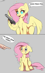 Size: 2500x4000 | Tagged: safe, artist:skitsroom, fluttershy, human, pegasus, pony, g4, 2 panel comic, beanbrows, colored eyebrows, comic, crying, duo, eye shimmer, eyebrows, female, gray background, gun, hand, handgun, happy, mare, no pupils, offscreen character, offscreen human, open mouth, open smile, pistol, pointing, sad, scolding, simple background, sitting, smiling, solo focus, trigger discipline, weapon, wing hands, wings