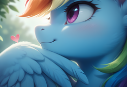 Size: 1580x1081 | Tagged: safe, ai composition, ai content, generator:bluefox mix, generator:stable diffusion, prompter:adorablebluefox, rainbow dash, pegasus, pony, g4, backlighting, blurry background, blush lines, blushing, cheek fluff, close-up, ear fluff, eyelashes, female, floating heart, heart, mare, outdoors, pondering, side view, smiling, solo, wing fluff, wing hands, wing to chin, wings