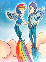 Size: 800x1071 | Tagged: safe, artist:marie-ah, rainbow dash, soarin', human, g4, duo, duo male and female, female, flying, humanized, male, rainbow trail, ship:soarindash, shipping, sky, straight