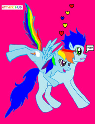 Size: 750x974 | Tagged: safe, artist:mewluna, rainbow dash, soarin', pegasus, pony, g4, 1000 hours in ms paint, duo, duo male and female, female, male, mare, pink background, ship:soarindash, shipping, simple background, stallion, straight