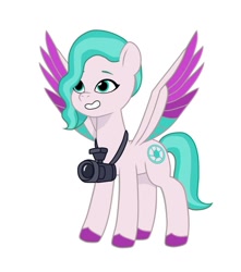 Size: 640x725 | Tagged: safe, artist:jazzhooves, shutter snap, pegasus, pony, g5, camera, colored wings, female, simple background, smiling, solo, spread wings, white background, wings
