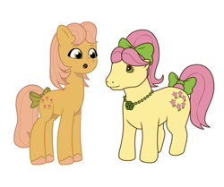 Size: 640x534 | Tagged: safe, artist:jazzhooves, posey, posey bloom, earth pony, pony, g1, g5, bow, duo, duo female, female, g1 to g5, g5 to g1, generation leap, generational ponidox, hair bow, jewelry, necklace, open mouth, posey and her heroine, self paradox, self ponidox, shocked, shocked expression, simple background, tail, tail bow, white background