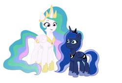 Size: 640x435 | Tagged: safe, artist:jazzhooves, princess celestia, princess luna, alicorn, pony, g4, g5, my little pony: tell your tale, colored wings, crown, duo, duo female, ethereal mane, ethereal tail, eyeshadow, female, g4 to g5, gauntlet, generation leap, jewelry, looking at each other, looking at someone, makeup, mare, regalia, royal sisters, siblings, simple background, sisters, size difference, smiling, tail, white background, wings