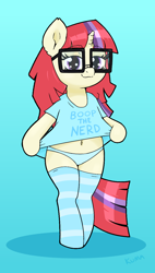 Size: 740x1300 | Tagged: safe, artist:kumakum, moondancer, unicorn, semi-anthro, g4, adorkable, belly button, clothes, cute, dork, glasses, gradient background, horn, imminent boop, kneesocks, looking at you, nerd, panties, plump, shirt, socks, solo, striped socks, text, underwear