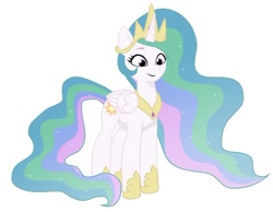 Size: 640x497 | Tagged: safe, artist:jazzhooves, princess celestia, alicorn, pony, g4, g5, crown, ethereal mane, ethereal tail, female, g4 to g5, gauntlet, generation leap, jewelry, regalia, simple background, smiling, solo, tail, white background