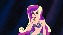 Size: 1294x727 | Tagged: safe, artist:ocean lover, edit, edited screencap, screencap, princess cadance, human, mermaid, ariel, bare shoulders, beautiful, belly, belly button, bra, bubble, clothes, concave belly, confused, disney, disney princess, disney style, female, hand on chest, human coloration, humanized, lair, lips, long hair, male, mermaid princess, mermaidized, mermay, ms paint, multicolored hair, ocean, pretty, princess ariel, purple eyes, scene interpretation, seashell, seashell bra, sleeveless, slender, species swap, straight, swimming, the little mermaid, thin, underwater, underwear, water