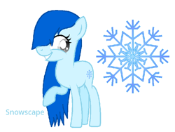 Size: 724x543 | Tagged: safe, artist:lanternomega, artist:salty air, oc, oc only, oc:snowscape, earth pony, pony, base used, blue, blue coat, blue mane, female, hair over one eye, mare, no tail, parent:vinyl scratch, simple background, smiling, snow, snowflake, snowflake cutie mark, teenager, white background, white eyes