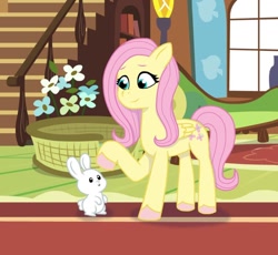 Size: 640x590 | Tagged: safe, artist:jazzhooves, angel bunny, fluttershy, pegasus, pony, rabbit, g4, g5, animal, book, couch, duo, female, flower, fluttershy's cottage, g4 to g5, generation leap, interior, looking at each other, looking at someone, male, raised hoof, smiling, staircase, window