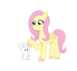 Size: 640x590 | Tagged: safe, artist:jazzhooves, angel bunny, fluttershy, pegasus, pony, rabbit, g4, g5, animal, duo, female, g4 to g5, generation leap, looking at each other, looking at someone, male, raised hoof, simple background, white background