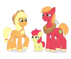 Size: 640x530 | Tagged: safe, artist:jazzhooves, apple bloom, applejack, big macintosh, earth pony, pony, g4, g5, applejack's hat, big macintosh's yoke, bow, brother and sister, cowboy hat, female, filly, foal, freckles, g4 to g5, generation leap, hair bow, hat, horse collar, male, siblings, simple background, trio, white background