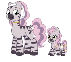Size: 640x558 | Tagged: safe, artist:jazzhooves, idw, mariama, skye, zebra, g5, my little pony: tell your tale, spoiler:comic, spoiler:g5comic, spoiler:g5comic14, braces, duo, duo female, ear piercing, earring, female, hairband, jewelry, mother and child, mother and daughter, neck rings, open mouth, piercing, simple background, smiling, white background