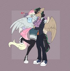 Size: 2173x2217 | Tagged: safe, artist:tomi_ouo, oc, oc only, oc:blazey sketch, alicorn, pegasus, anthro, alicorn oc, bow, clothes, duo, hair bow, horn, male and female, pegasus oc, simple background, smooch, sweater, wings