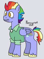 Size: 2256x2988 | Tagged: safe, artist:naggfruit, bow hothoof, pony, g4, gray background, male, multicolored hair, no pupils, rainbow hair, simple background, solo, stallion, stubble, unshorn fetlocks