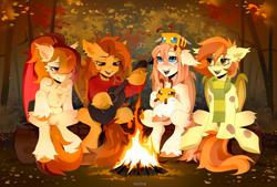 Size: 4000x2700 | Tagged: safe, artist:zlatavector, oc, oc only, oc:citrus milkshake, oc:honey milk, oc:pumpkin spice, bat pony, bee, insect, pony, autumn, bat pony oc, belly, belly button, campfire, chest fluff, clothes, commission, ear fluff, ear piercing, featureless crotch, female, fire, forest, guitar, human shoulders, mare, minecraft, musical instrument, nature, piercing, plushie, scarf, singing, sitting, smiling, striped scarf, sweater, tree, unshorn fetlocks