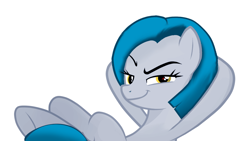 Size: 1024x576 | Tagged: source needed, safe, anonymous artist, oc, oc only, oc:lorelei kernav, earth pony, arm behind head, eyebrows, female, looking at you, raised eyebrow, reclining, simple background, smug, solo, white background