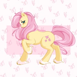 Size: 2000x2000 | Tagged: safe, artist:wingedcass, fluttershy, earth pony, pony, g4, abstract background, female, mare, solo, wingless