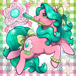 Size: 2400x2400 | Tagged: safe, artist:sparkytopia, may belle, earth pony, pony, g3, bow, bracelet, digital art, female, green eyes, green mane, hair bow, heart, heart eyes, jewelry, mare, mouth hold, pink coat, piñata, shiny mane, solo, sparkles, tail, tail bow, teal mane, wingding eyes