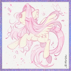 Size: 1280x1280 | Tagged: safe, artist:co306012, fluttershy, pegasus, pony, female, mare, one eye closed, petals, smiling, solo, spread wings, wings, wink