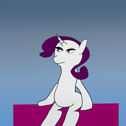 Size: 2000x2000 | Tagged: safe, artist:crimsonenjoyer, rarity, pony, curved horn, full body, gradient background, horn, i can't think of anymore tags to add, krita, lidded eyes, looking away, missing cutie mark, no tail, purple mane, sitting, smiling