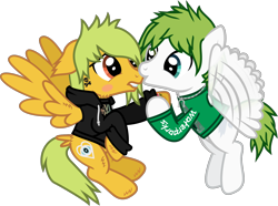Size: 1674x1243 | Tagged: safe, artist:lightningbolt, derpibooru exclusive, part of a set, pegasus, pony, g4, .svg available, alex gaskarth, all time low, awsten knight, blushing, butt fluff, buzzing wings, cheek fluff, clothes, duo, duo male, dyed mane, dyed tail, ear fluff, ears back, flying, gay, heterochromia, hood, hoodie, hoof fluff, hoof grab, horseshoes, jewelry, kissing, lip bite, long sleeves, looking at each other, looking at someone, male, necklace, ponified, shipping, show accurate, simple background, smiling, spread wings, svg, tail, tail feathers, tattoo, transparent background, vector, waterparks, wing fluff, wings