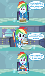 Size: 3840x6480 | Tagged: safe, artist:octosquish7260, rainbow dash, human, equestria girls, g4, 3 panel comic, bread, breakfast, chair, cheese, clothes, comic, curtains, dialogue, duality, duo, egg (food), egg sandwich, female, food, fried egg, frying pan, geode of super speed, glass, happy, hoodie, humanized, jacket, lettuce, magical geodes, open mouth, oven, paper towels, plate, rainbow dash's house, sandwich, self paradox, shirt, sliced cheese, speech bubble, table, teenager, teeth, text, tomato, water, window, wristband