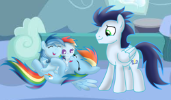 Size: 3812x2235 | Tagged: safe, rainbow dash, soarin', oc, oc:ragtag, oc:shooting star, pegasus, pony, baby, baby pony, female, filly, foal, male, mare, offspring, parent:rainbow dash, parent:soarin', parents:soarindash, ship:soarindash, shipping, siblings, stallion, straight, twins