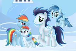 Size: 2856x1935 | Tagged: artist needed, safe, rainbow dash, soarin', oc, oc:ragtag, oc:shooting star, pegasus, pony, g4, female, filly, foal, male, mare, offspring, parent:rainbow dash, parent:soarin', parents:soarindash, screencap background, ship:soarindash, shipping, siblings, stallion, straight, twins