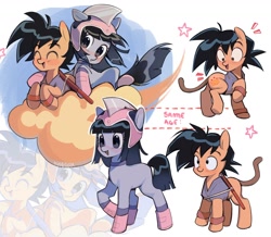 Size: 1714x1492 | Tagged: safe, artist:erinartista, earth pony, pony, blushing, chichi, cloud, colt, dragon ball, eyes closed, female, filly, foal, helmet, male, ponified, son goku, text