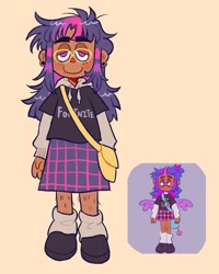 Size: 1642x2048 | Tagged: safe, artist:alexbeeza, twilight sparkle, human, pony, g4, bag, beauty mark, boots, clothes, colored nose, dyed hair, ear piercing, earring, eyebrows, eyebrows visible through hair, eyelashes, female, fortnite, front view, gauges, glasses, hoodie, humanized, jewelry, leg hair, leg warmers, lidded eyes, looking at you, messy hair, mole, multicolored hair, piercing, plaid skirt, purple eyes, redraw, shiny hair, shirt, shoes, shoulder bag, simple background, skirt, smiling, smiling at you, solo, standing, t-shirt, tan skin, thick eyebrows, yellow background