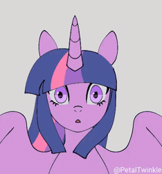 Size: 600x640 | Tagged: safe, artist:petaltwinkle, twilight sparkle, alicorn, pony, g4, 3d, 3d model, :<, animated, animation test, colored sclera, eyelashes, female, front view, gray background, gray sclera, horn, long mane, looking at you, mare, multicolored mane, open frown, open mouth, purple coat, purple eyes, shocked, shrunken pupils, signature, simple background, solo, spread wings, straight mane, surprised, twilight sparkle (alicorn), unicorn horn, windswept mane, wingding eyes, wings