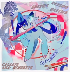 Size: 2115x2172 | Tagged: safe, artist:emoboy130, minuette, dragon, pony, unicorn, g4, :3, abstract background, bandaid, blue eyes, blue mane, border, chest fluff, colored, colored hooves, eye clipping through hair, eyebrows, eyebrows visible through hair, eyelashes, female, high res, horn, lidded eyes, long mane, long tail, mare, mouth hold, narrowed eyes, pink text, raised hoof, shiny hooves, shiny mane, shiny tail, signature, smiling, solo, tail, text, toothbrush, toothpaste, two toned mane, two toned tail, unicorn horn, wingding eyes, zoom layer