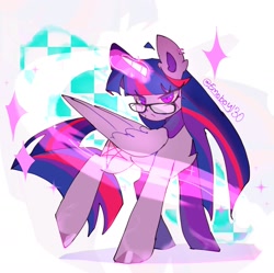 Size: 1648x1644 | Tagged: safe, artist:emoboy130, twilight sparkle, alicorn, pony, g4, abstract background, ahoge, alternate cutie mark, bandaid, bangs, big ears, chest fluff, colored, colored hooves, colored pinnae, colored sclera, ear fluff, ear piercing, earring, eye clipping through hair, eyelashes, female, folded wings, frown, glowing, glowing horn, horn, jewelry, large wings, lidded eyes, long mane, long tail, magic, mare, multicolored mane, multicolored tail, narrowed eyes, pentagram, piercing, pink sclera, purple coat, purple eyes, raised leg, shadow, shiny hooves, signature, solo, sparkles, tail, tall ears, twilight sparkle (alicorn), unicorn horn, wingding eyes, wings, zoom layer