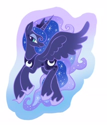 Size: 2491x2923 | Tagged: safe, artist:flhng7g7, artist:junglicious64, part of a set, princess luna, alicorn, pony, g4, blue coat, blue eyes, crown, ethereal mane, ethereal tail, eyelashes, eyeshadow, female, flying, hoof shoes, horn, jewelry, lidded eyes, long horn, long legs, long mane, long tail, makeup, mare, outline, peytral, princess shoes, profile, regalia, simple background, smiling, solo, sparkly mane, sparkly tail, spread wings, starry mane, starry tail, sticker design, tail, thin legs, tiara, two toned mane, two toned tail, unicorn horn, wavy mane, wavy tail, white background, wings