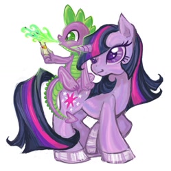 Size: 1369x1375 | Tagged: safe, artist:eyerealm, spike, twilight sparkle, dragon, pony, unicorn, g4, baby, baby dragon, big eyes, colored, colored hooves, colored pinnae, dragonfire, dragons riding ponies, duo, duo male and female, eyelashes, female, fire, green fire, holding, long mane, long tail, male, mare, multicolored mane, multicolored tail, purple coat, purple eyes, raised hoof, riding, riding a pony, scroll, shiny hooves, simple background, sitting on person, sitting on pony, smiling, spike riding twilight, straight mane, straight tail, tail, thick legs, unicorn twilight, white background, wingding eyes