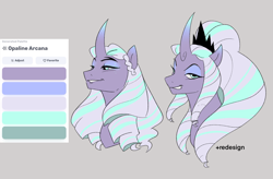 Size: 2048x1342 | Tagged: safe, artist:aztrial, opaline arcana, alicorn, pony, g5, alternate hairstyle, bust, crown, curved horn, eyeshadow, female, gray background, grin, gritted teeth, horn, jewelry, makeup, mare, palette, redesign, reference sheet, regalia, simple background, smiling, solo, teeth