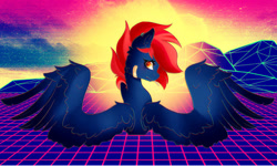 Size: 1995x1200 | Tagged: safe, artist:majesticwhalequeen, oc, oc only, oc:whiplash, pegasus, pony, 80s, bandaid, female, mare, solo, spread wings, synthwave, wings