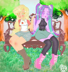 Size: 2048x2170 | Tagged: safe, artist:minttea030, applejack, aria blaze, equestria girls, g4, alternate hairstyle, ariajack, belt, bench, blushing, boots, breasts, clothes, duo, duo female, eyeshadow, female, grass, heart, lesbian, lipstick, makeup, nail polish, park, park bench, shipping, shirt, shoes, shorts, skirt, socks, stockings, t-shirt, tank top, thigh highs, tree