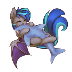 Size: 2500x2500 | Tagged: safe, alternate character, alternate version, artist:mirroredsea, oc, oc only, oc:midnight storm, bat pony, pony, shark, g4, bat pony oc, bat wings, blåhaj, commission, cute, eyes closed, fangs, high res, hug, male, male oc, nom, plushie, shark plushie, simple background, smiling, solo, spread wings, transparent background, wings, ych result
