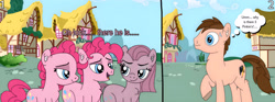 Size: 4096x1517 | Tagged: safe, artist:thebronypony123, pinkie pie, oc, oc:braden, earth pony, pony, g4, 2 panel comic, bubble berry, chest fluff, comic, dialogue, ear fluff, female, hock fluff, male, open mouth, open smile, pinkamena diane pie, ponyville, raised hoof, rule 63, self paradox, self ponidox, smiling, sweat, sweatdrops, thought bubble, triality
