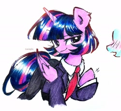 Size: 1941x1775 | Tagged: safe, artist:liaaqila, gameloft, twilight sparkle, alicorn, pony, g4, my little pony: magic princess, alternate hairstyle, blushing, business suit, businessmare, clothes, gameloft interpretation, necktie, offscreen character, pants, shirt, simple background, solo, suit, traditional art, twilight sparkle (alicorn), white background