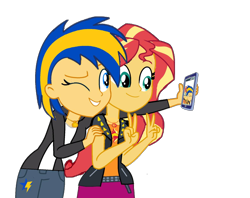 Size: 1316x1044 | Tagged: safe, artist:mlpfan3991, sunset shimmer, oc, oc:flare spark, human, equestria girls, g4, best friends, cellphone, duo, duo female, female, friends, one eye closed, phone, selfie, simple background, smartphone, transparent background, wink